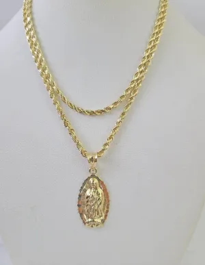 10k 2.5mm Rope Chain Virgin Mary Pendant 18"-30" Yellow Gold Set Charm Necklace