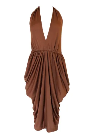 1970s Plunge Front Backless Halter Gathered Sides Jersey Dress