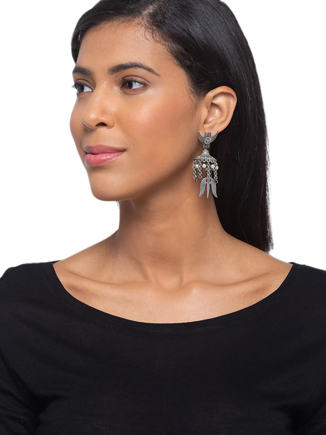 Antique German Silver Oxidized Earrings Chandbali Pearl Jhumkas Tribal Trishul Jhumki Earrings