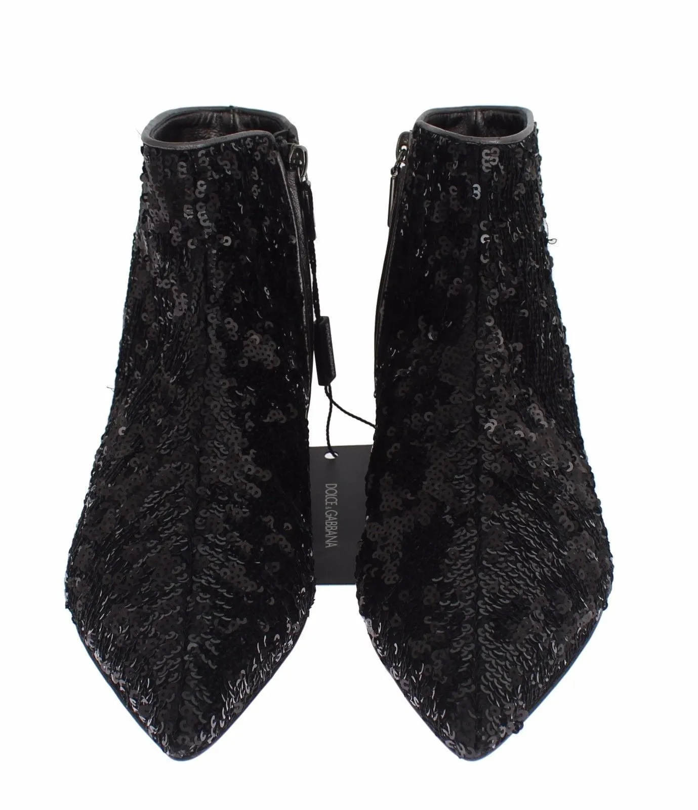 Black Sequined Pointy Flat Ankle Boots Shoes