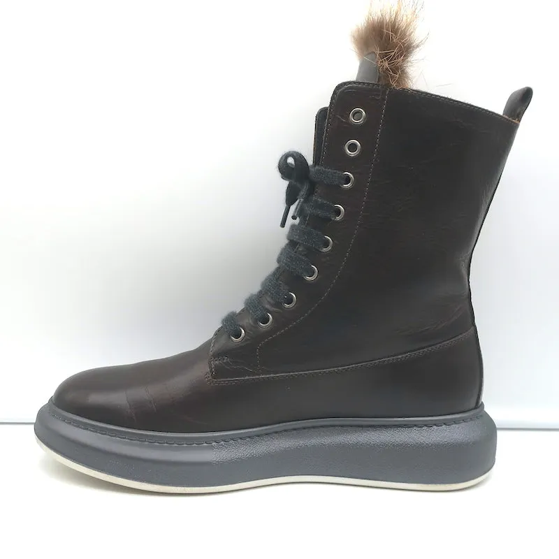 Brunello Cucinelli Lace Up Ankle Boots Fox Fur & Dark Brown Leather Size 40