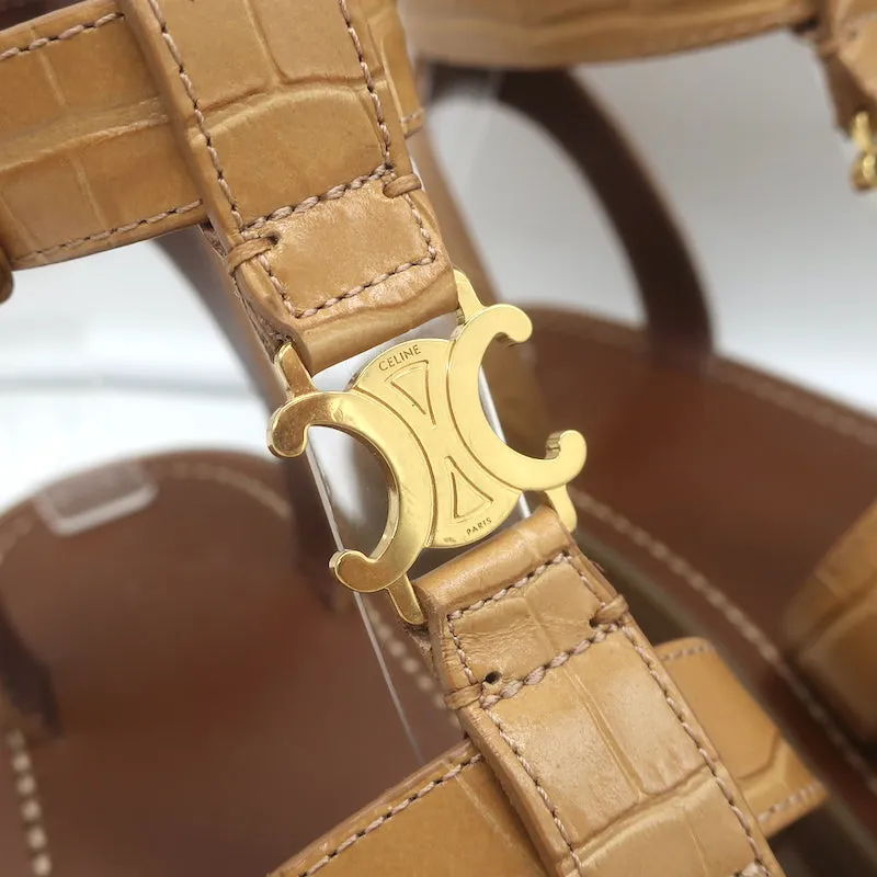 Celine Clea Triomphe Sandals Tan Crocodile-Stamped Leather Size US 8 NEW