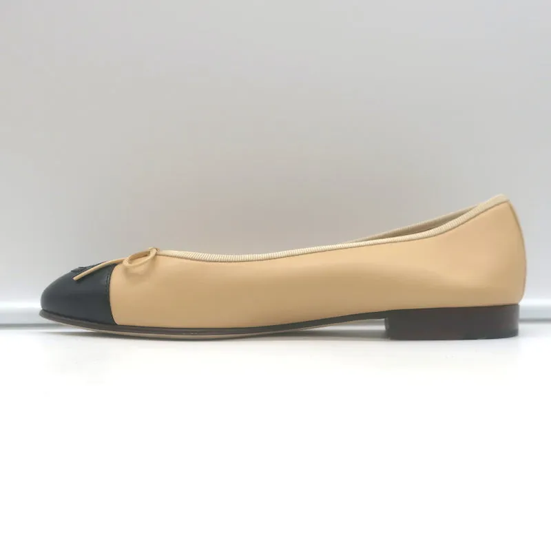 Chanel CC Cap Toe Bow Ballet Flats Leather Beige & Black Leather Size 36