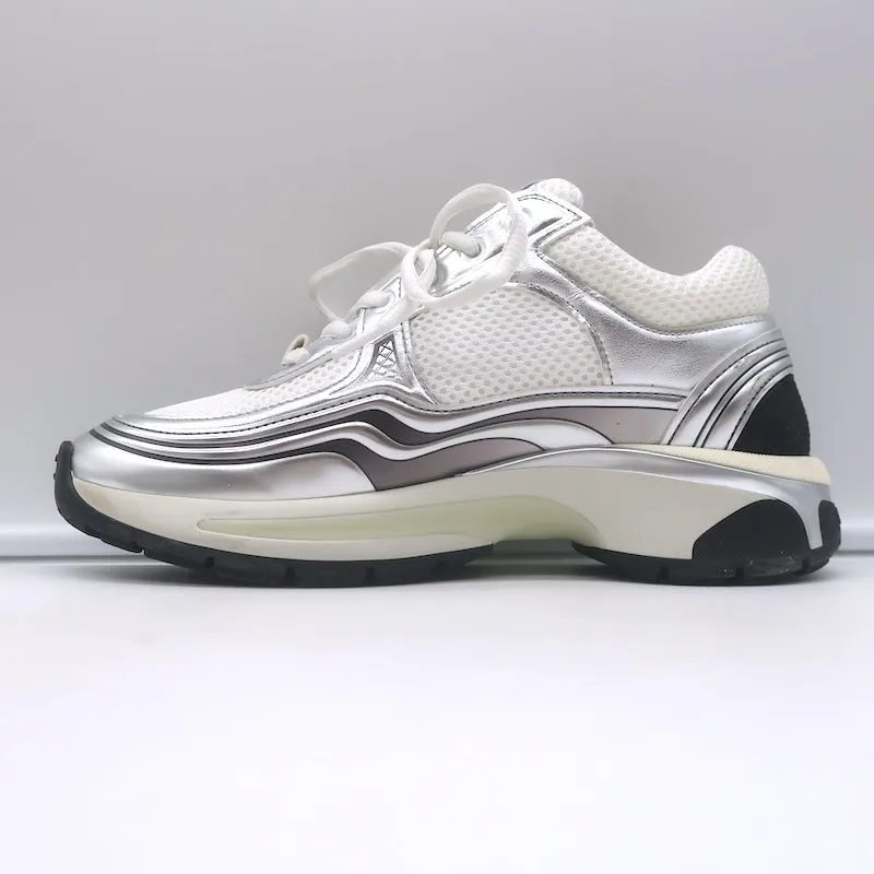 Chanel CC Runner Sneakers Silver Leather & White Mesh Size 36