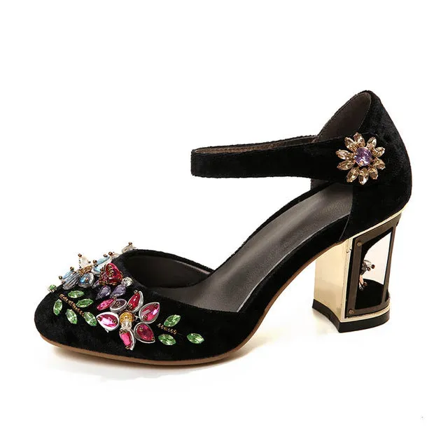 crystal flower mary janes women pumps shoes strange high heels 10cm hook & loop handmade rhinestone wedding shoes
