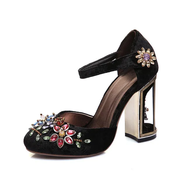 crystal flower mary janes women pumps shoes strange high heels 10cm hook & loop handmade rhinestone wedding shoes