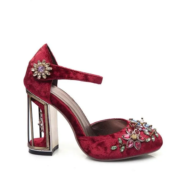 crystal flower mary janes women pumps shoes strange high heels 10cm hook & loop handmade rhinestone wedding shoes