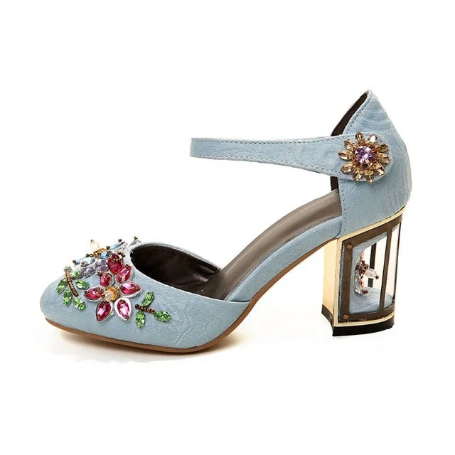 crystal flower mary janes women pumps shoes strange high heels 10cm hook & loop handmade rhinestone wedding shoes