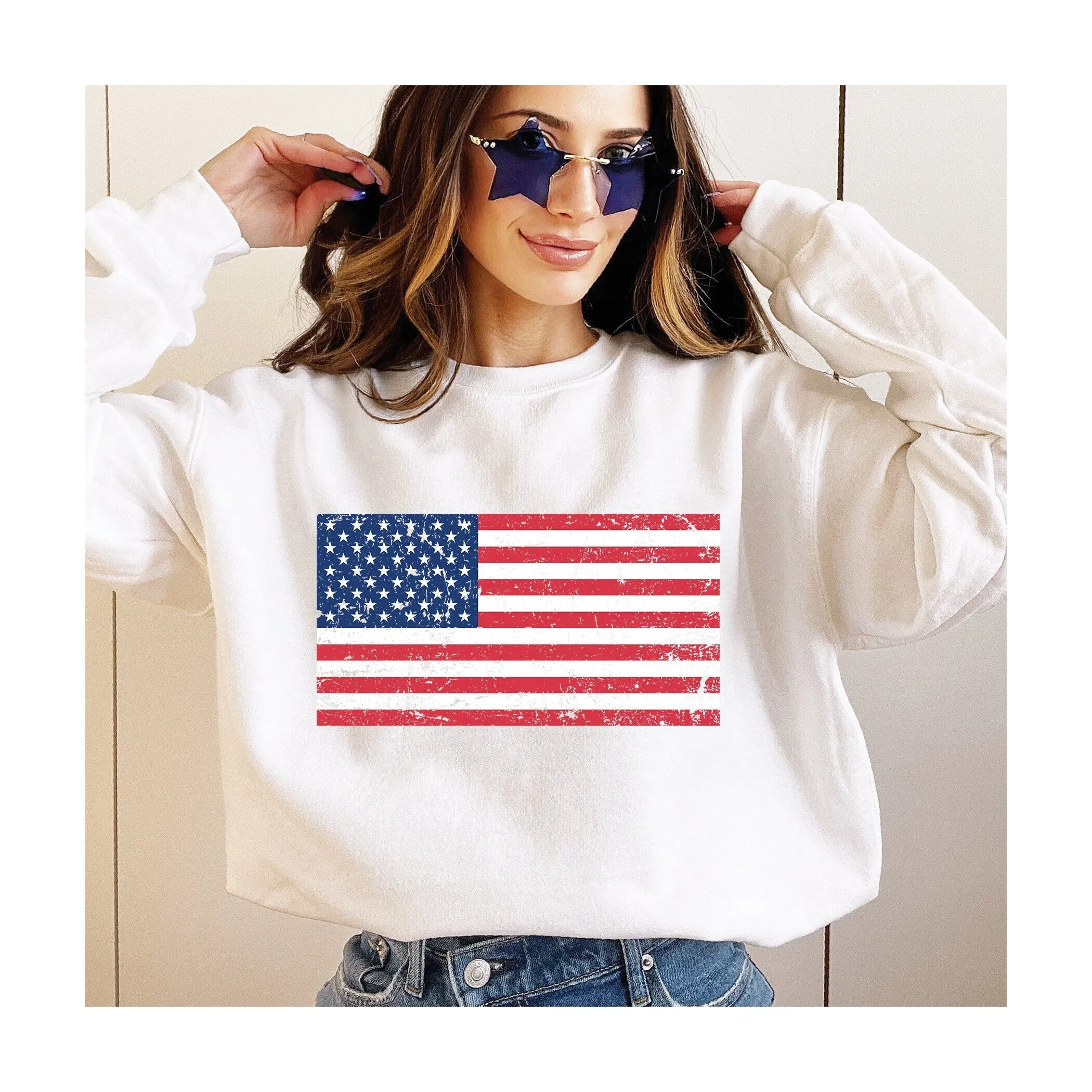 Distressed Womens American Flag Sweatshirt