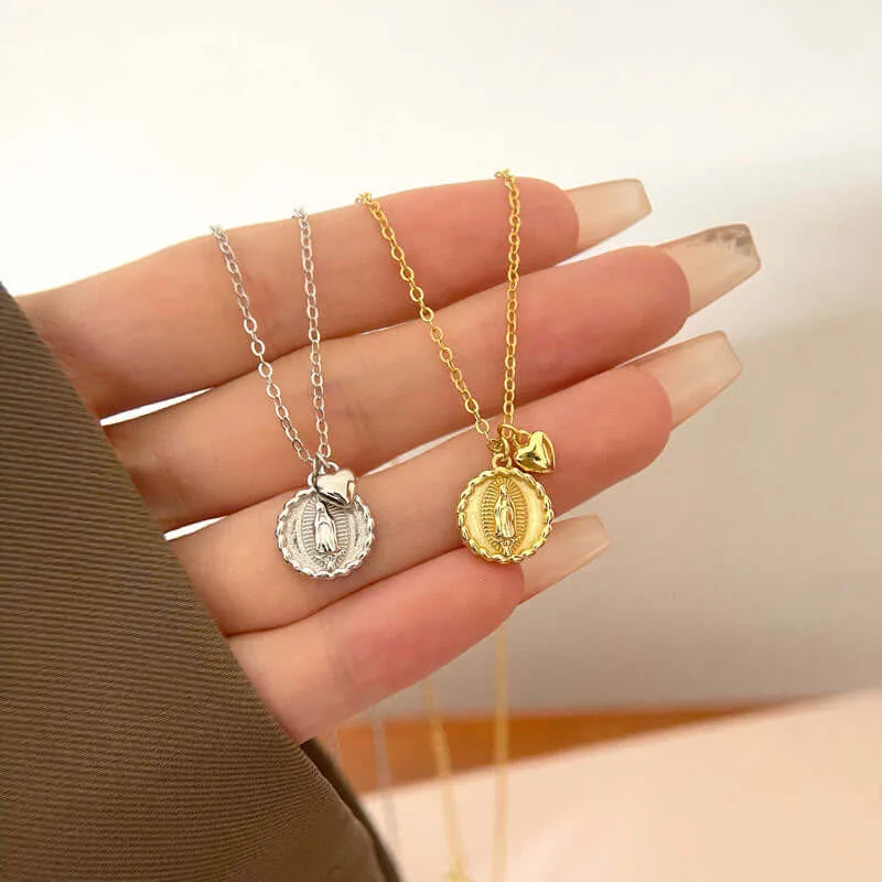 Heart Silver Virgin Mary Virgencita Necklace