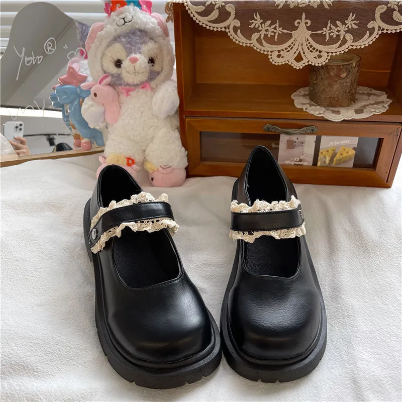 LOLITA CUTE LACE BLACK LEATHER SHOES UB2755