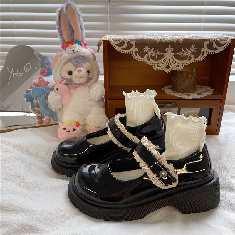 LOLITA CUTE LACE BLACK LEATHER SHOES UB2755