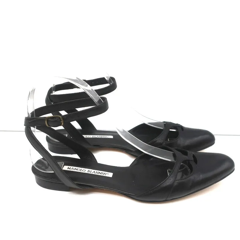 Manolo Blahnik Ankle Strap Flats Belfaba Black Cutout Leather Size 36.5