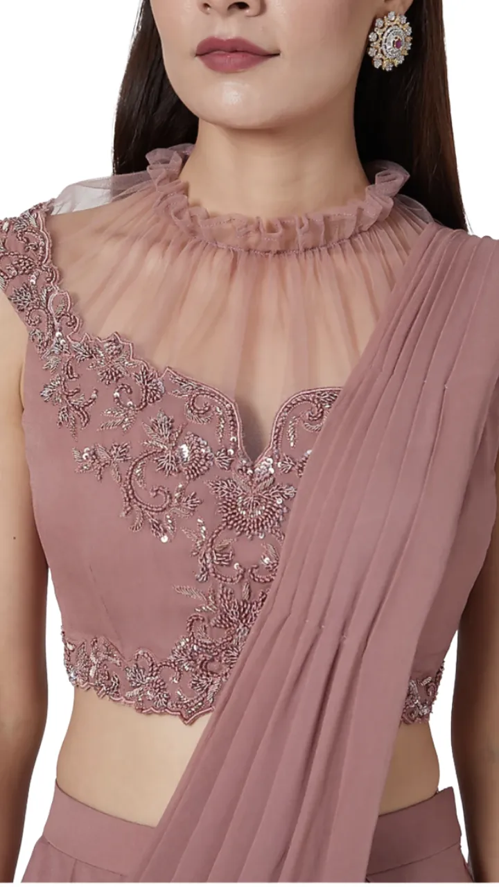 Mauve Embroidered Pre-Draped Sari