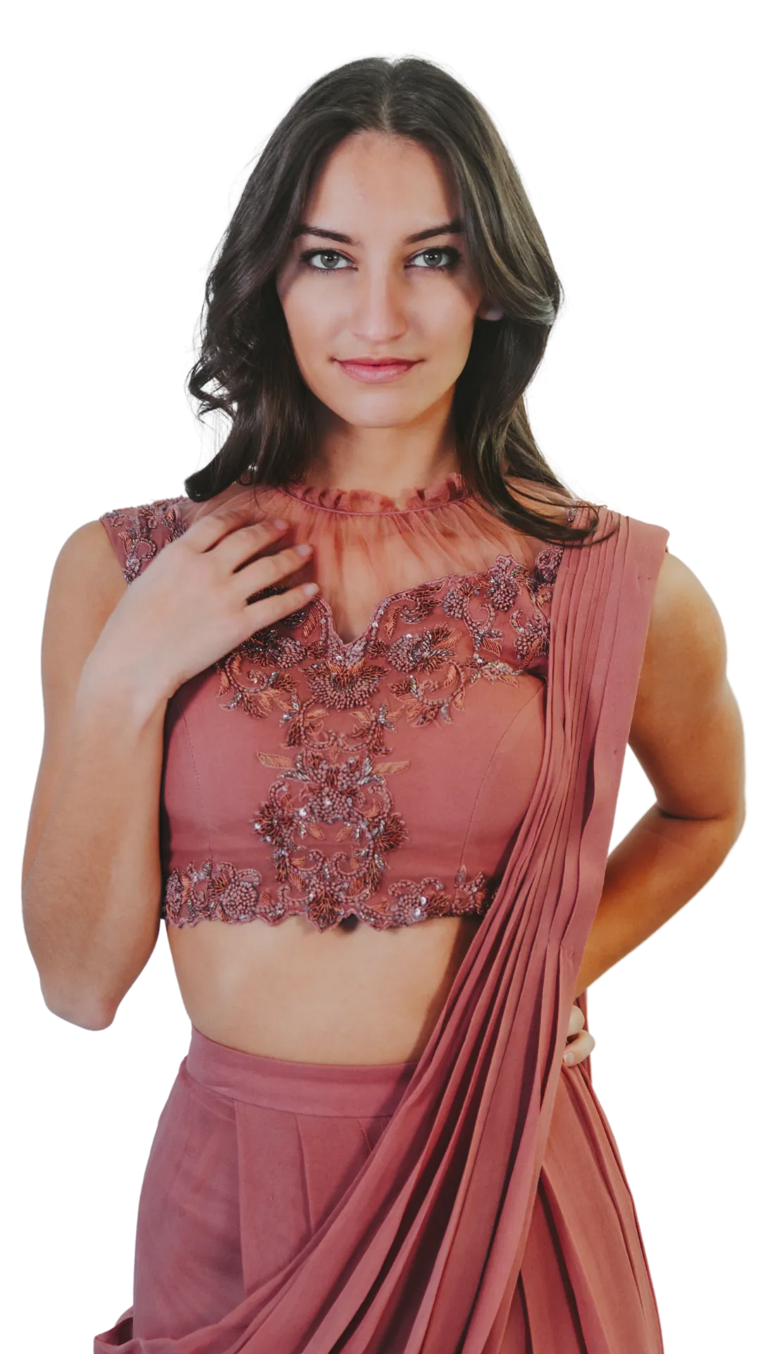 Mauve Embroidered Pre-Draped Sari