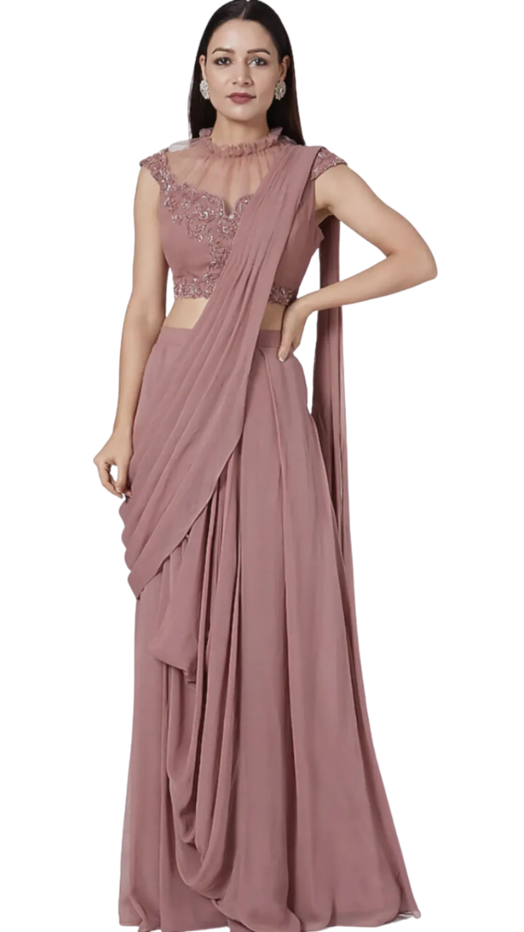 Mauve Embroidered Pre-Draped Sari