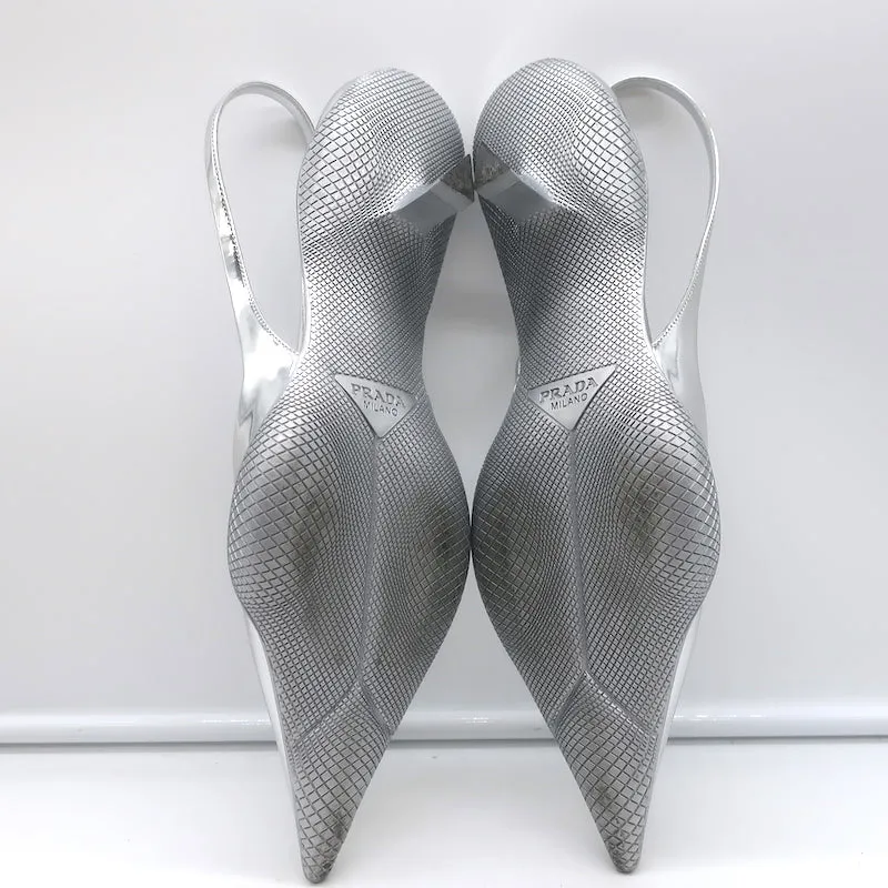 Prada Kitten Heel Slingback Pumps Silver Mirrored Leather Size 40