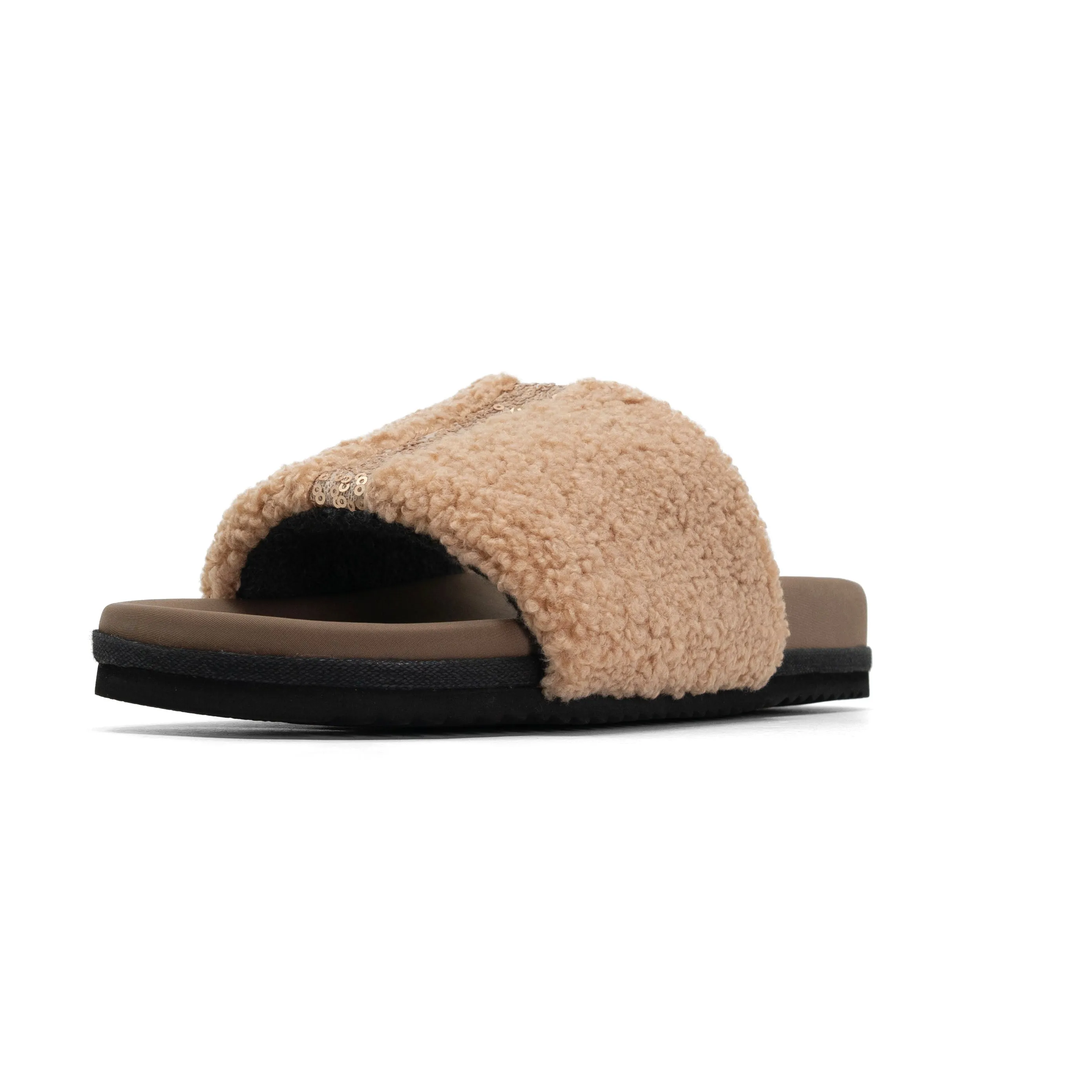 ROAM FUZZY PAILLETTE SLIDER BEIGE FAUX SHEARLING