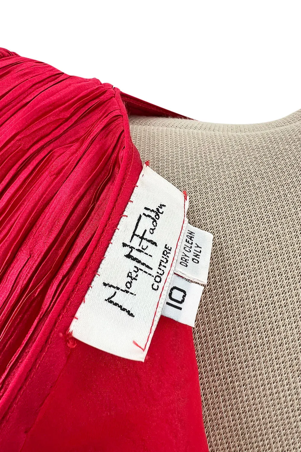 Runway Fall 1988 Mary McFadden Couture Red Pleated Dress w Gold Edged Ruffle Detailing