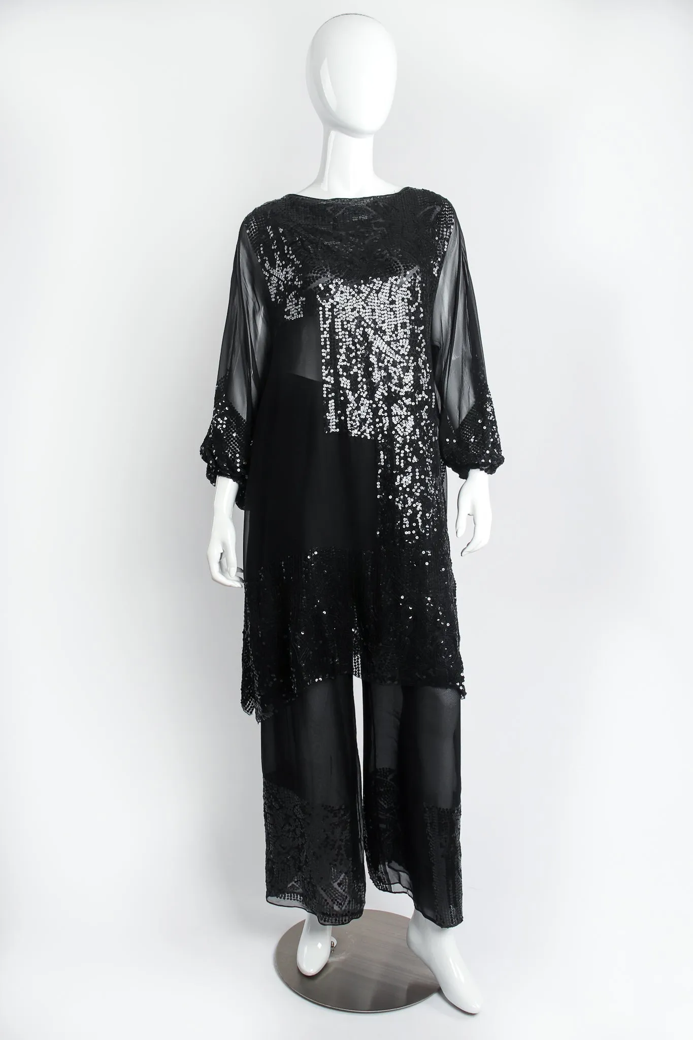 Sheer Sequined Balloon Sleeve Top & Pant Set