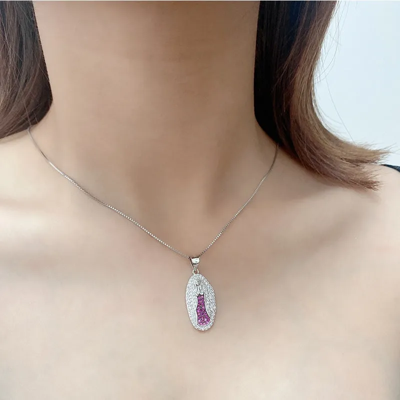 Sterling Silver Pink Colored Diamonds Virgin Mary Virgencita Necklace