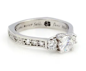Three Stone Rose Engraved Diamond Ring