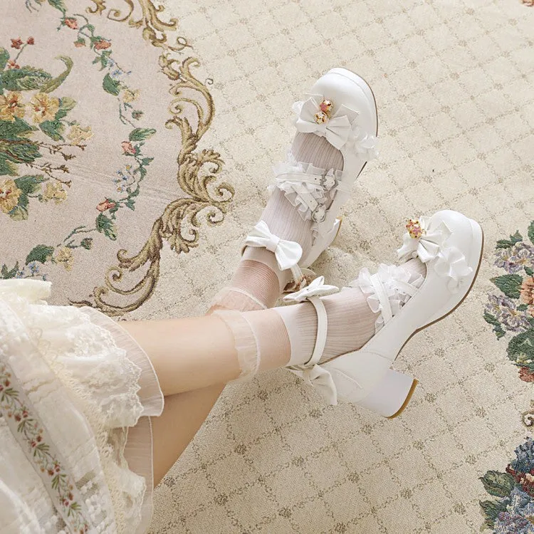 Women's Pumps Lace Pearl Mary Janes Shoes with Bowtie