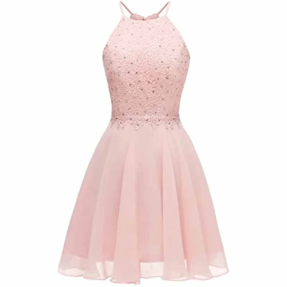 Women's Short Halter Homecoming Dress Knee Length Lace Prom Graduation Party Gown